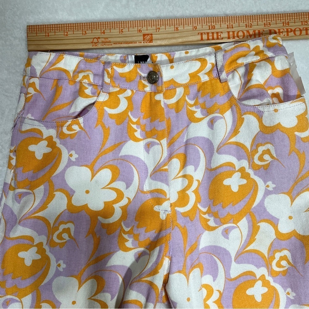 PRINCESS POLLY Jasmina Denim Wide Flare Floral Orange Lavender Size 4 - Picture 10 of 12